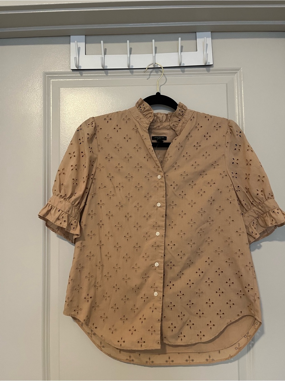 Ann Taylor Eyelet Ruffle Short Sleeve Blouse - Tan